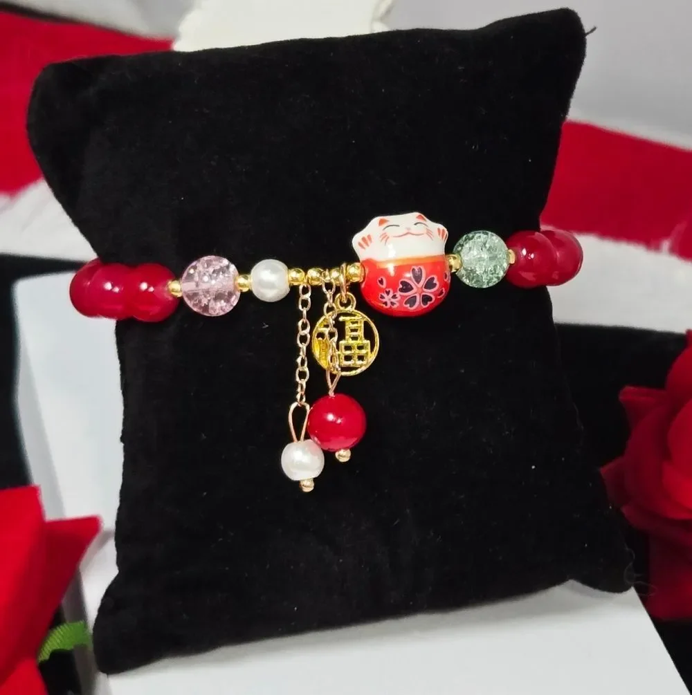 Lucky Waving Cat Red Beaded Bracelet 🐱 Chinese New Year Kawaii Charm Gift
